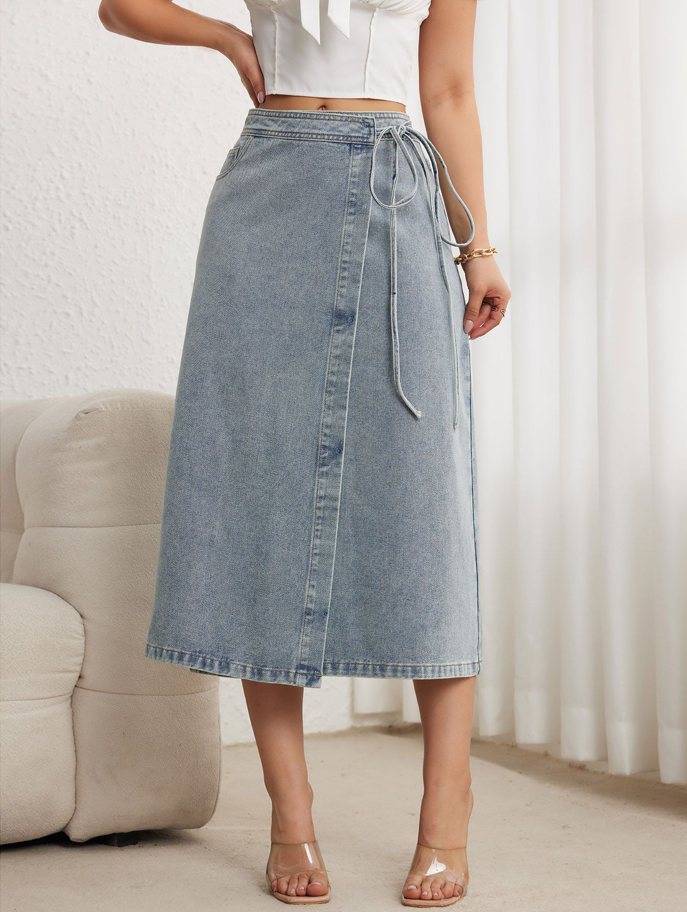 Zhisilao hög midja långa kjolar kvinnor vintage a-linjeformade denimkjolar vår sommar