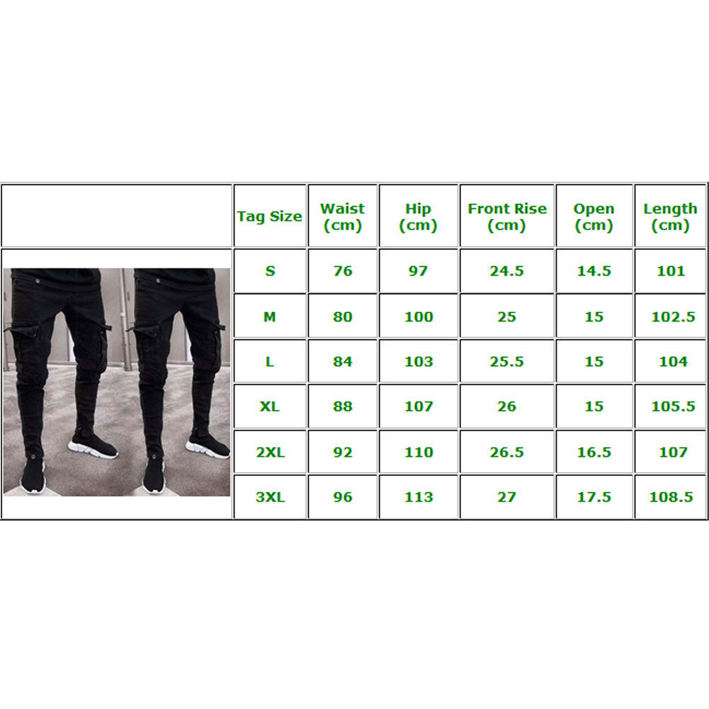 Black Jean Men Denim Skinny Biker Jeans Destroyed Frayed Slim Fit Pocket Cargo Pencil Pants Plus Size S-3XL