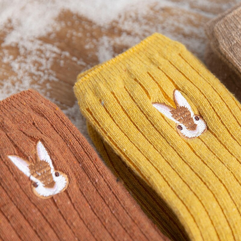 Calcetines con bordado de dibujos animados para mujer, medias de lana gruesas, cálidas, de otoño e invierno