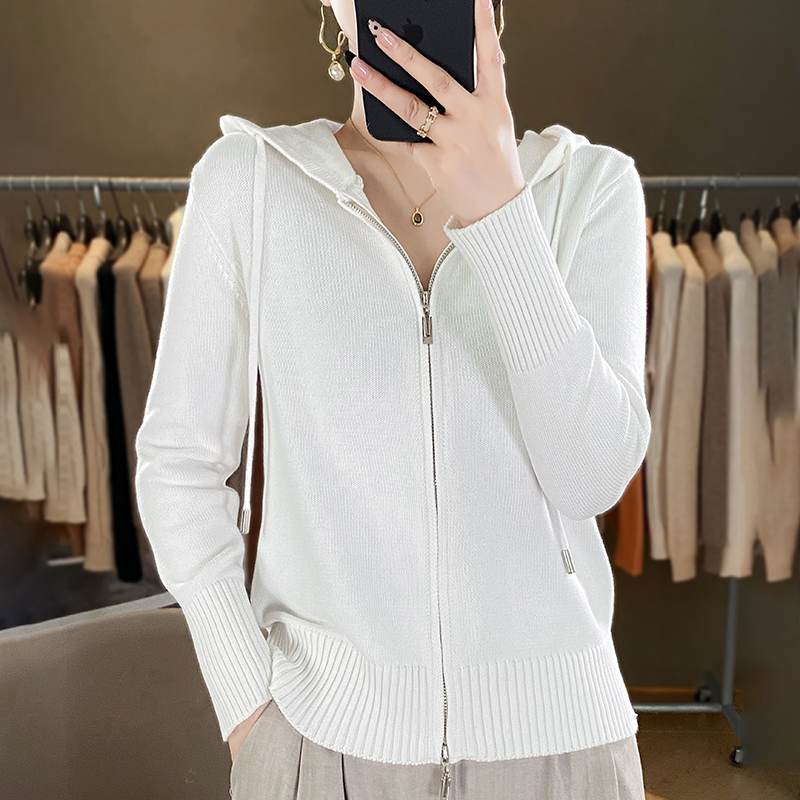 Klassische Hoodie Frauen Strickwaren 100% alle Baumwolle Cardigan Pullover lange Ärmel Doppel reiß verschluss Stil dicke warme Basics Tops: XL / WHITE