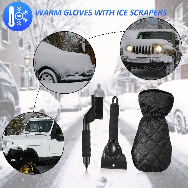 Ice Scraper Gloves Waterproof Snow Remover Windshield Snow Scraper Mitts with Thick Fleece Lined, Snow Brush, 3 PCS