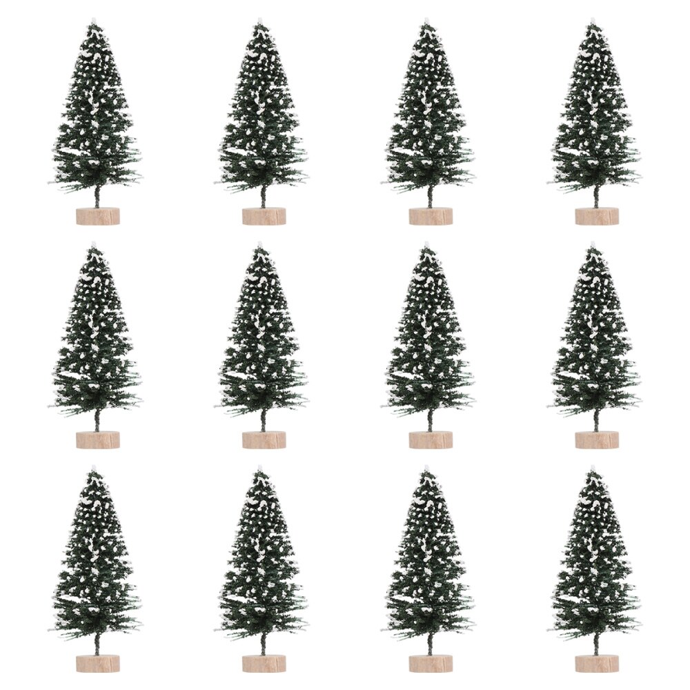 12 Stuks Mini Kerstbomen Decor Tafel Nep Sneeuw Vorst Bomen Met Houten Basis