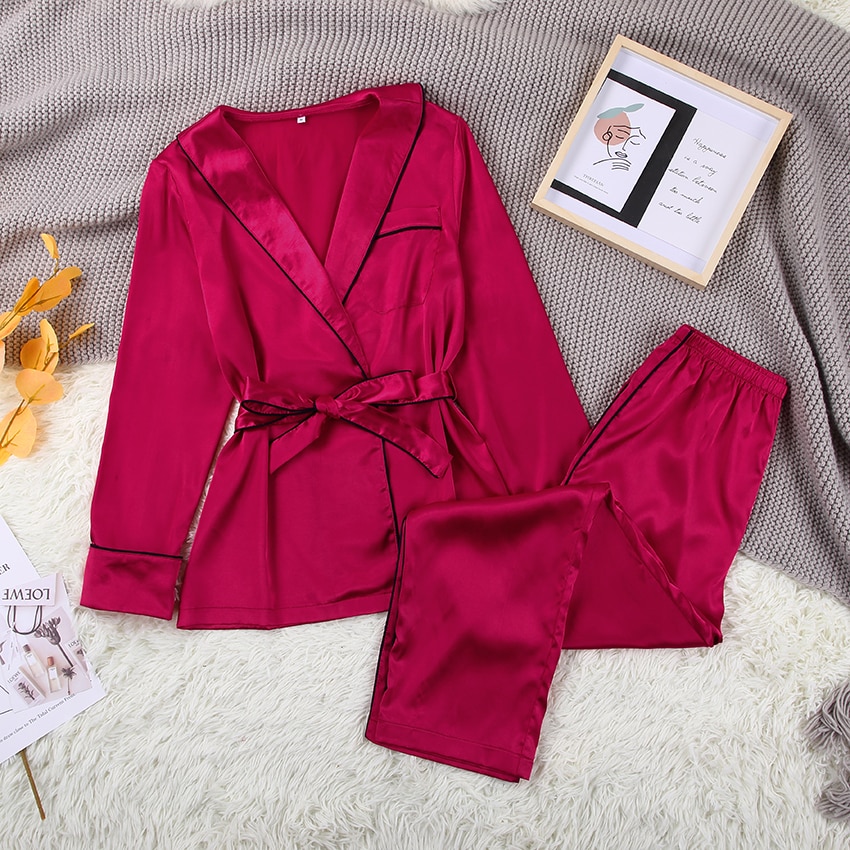 HECHAN Red Satin Pajamas Women Two Piece Set Long Sleeve Robes Pants Patchwork Female Sleepwear Casual Home Wear Suits Winter