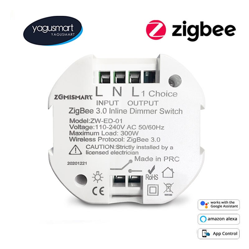 Yagusmart Zigbee 3.0 Smart Inline Dimmer Switch 100-240V Connect to Wink Hub Smartthings Alexa Google Home Voice Control Dimmer