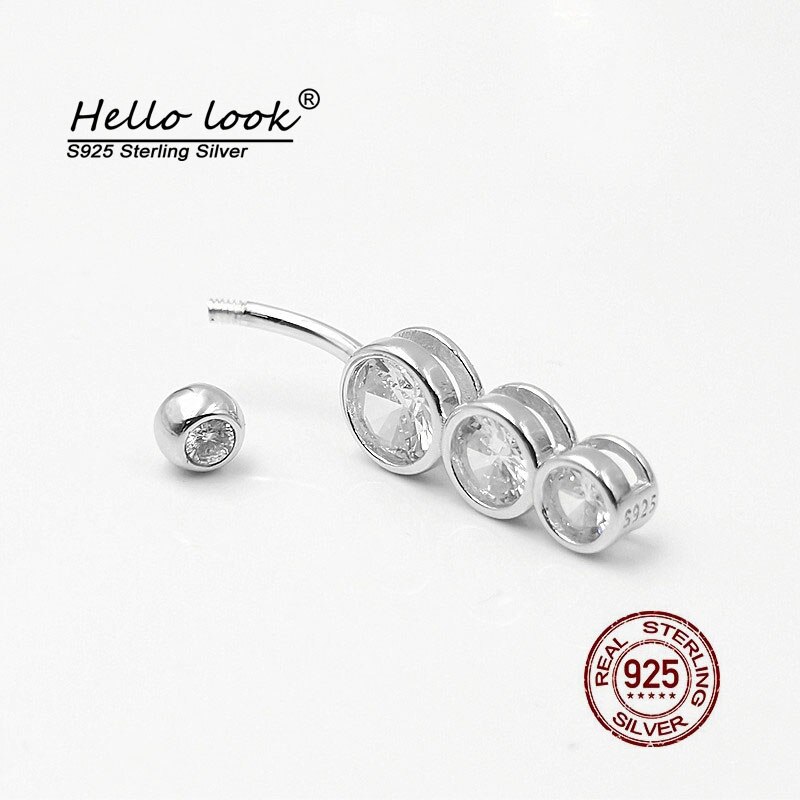 Hellolook Drie Glanzende Zircons Navel Piercing 925 Sterling Zilveren Buik Buttton Ring Sexy Belly Piercing Vrouwen Lichaam Sieraden
