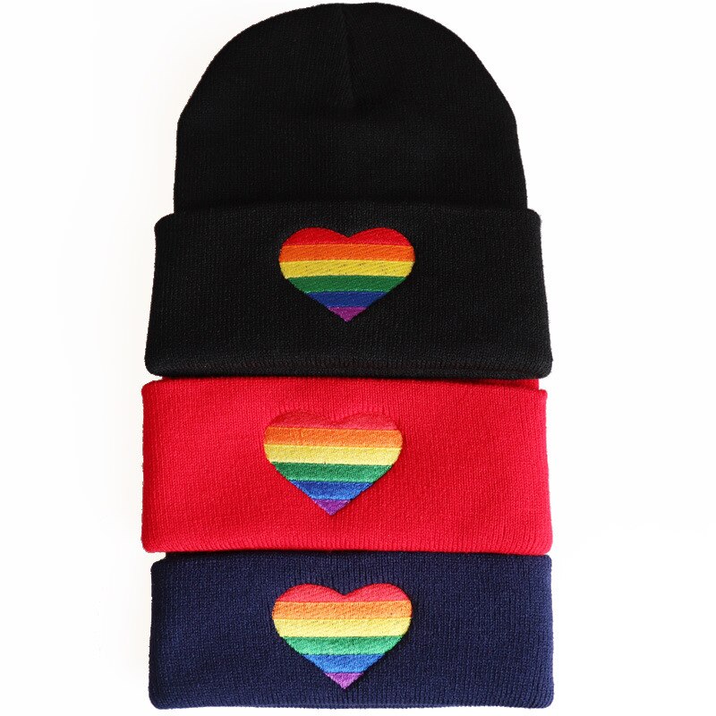 Regnbågshjärta lgbt lesbisk gay mössa keps hip hop mössor stickad vinter varm mössa justerbar cool broderi mössa cosplay