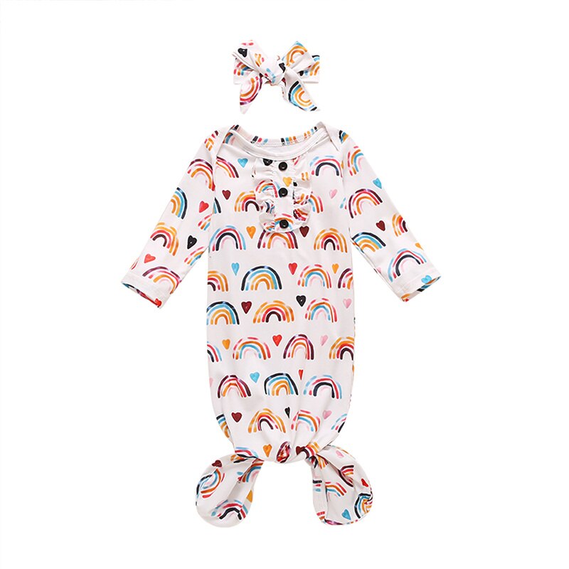 Baby Nachtkleding Met Hoofdband, Regenboog Print Ronde Hals Lange Mouw Nachtkleding + Hoofdtooi, Wit: Default Title