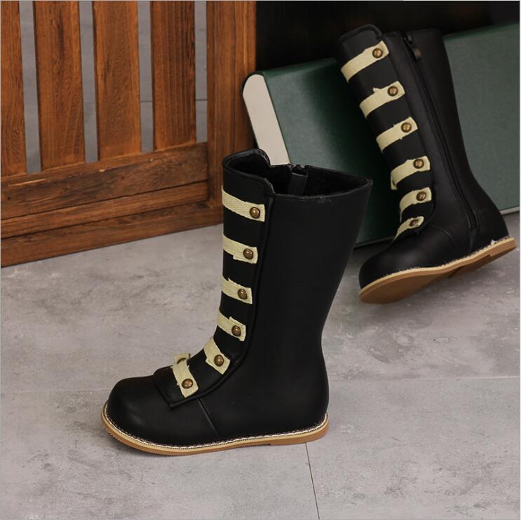 Botas de cuero hasta la rodilla para niños, zapatos de cuero de , remaches, estilo metálico, geniales, de felpa cálida, fondo suave: black / 26
