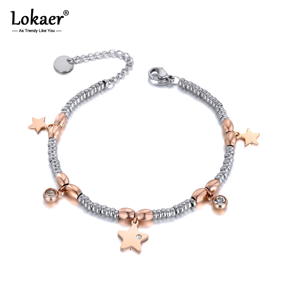 Lokaer titanio Acero inoxidable CZ cristal y pulseras amuleto de estrella para mujeres niñas oro rosa cadena y enlace pulsera joyería B19105