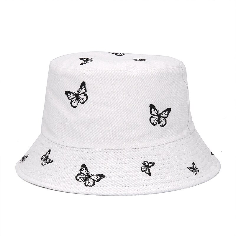 Sombrero de pescador plegable con estampado de mariposa para mujer, gorro de pescador con bordado, estilo Hip Hop, ideal para ,: Blanco