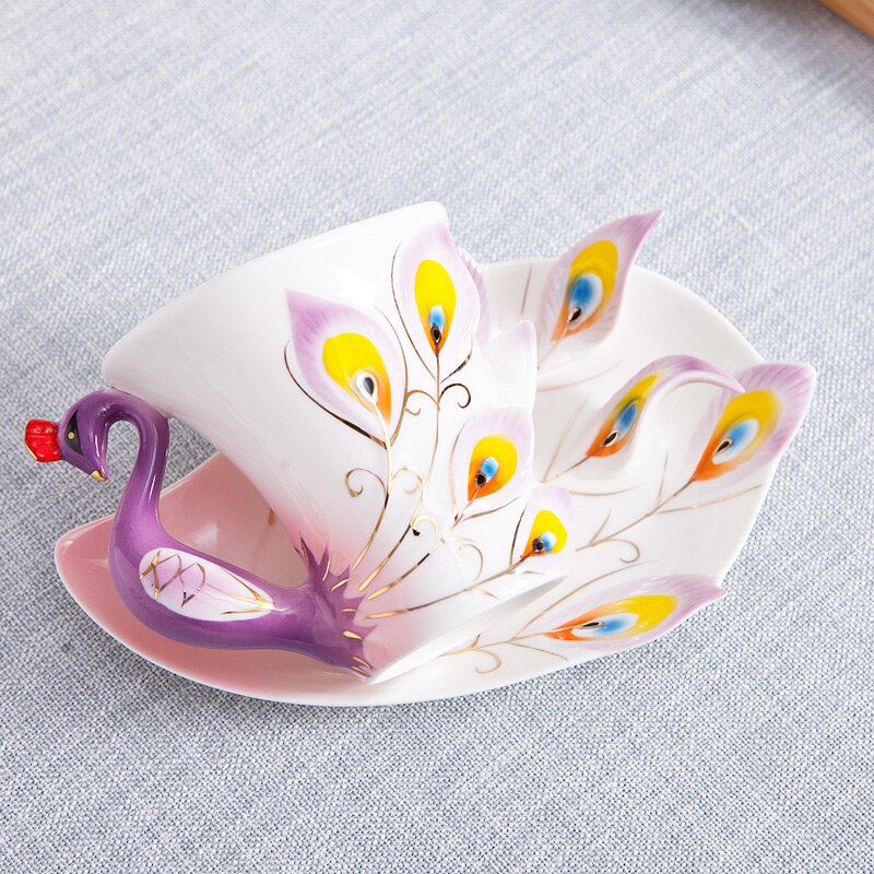 Ensemble de tasses à café paon en porcelaine émaillé 3D, artisanal à la main, avec soucoupe et cuillère, en céramique, tasse à thé et à eau