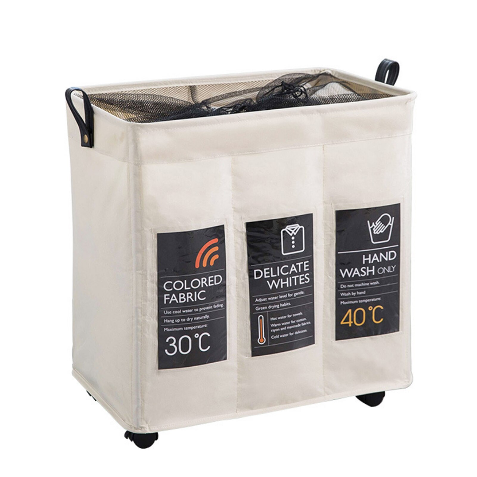 Rolling Slim Laundry Basket 3Compartments with Wheels Handle Oxford Cloth Laundry Hamper Mesh Drawstring Clothes Organizer