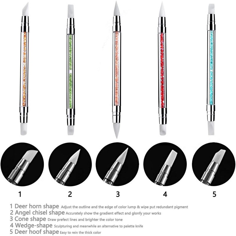 5Pcs 2 Way Nail Art Sculpture Pen Silicone Rhinestone Polish Emboss Carving Drawing Handle Nail Art Brush Manicure Tool Set