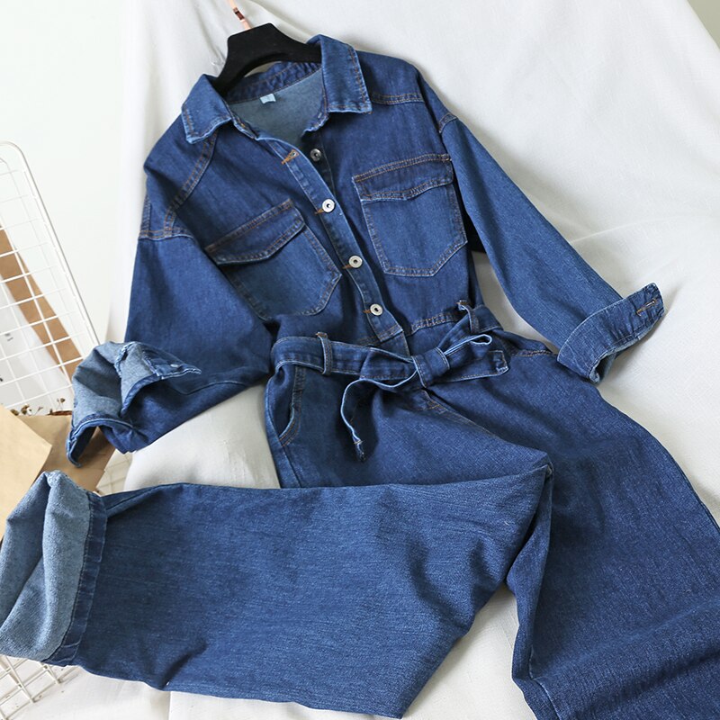 Koreanske kvinder overalls denim jumpsuit løs kvindelige højtaljede jeans lige bukser langærmede cowboy playsuit rompers jeans: Blå / L