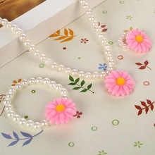 Handmade Simulated Pearl Jewelry Sweet Suit Baby Kids Jewelry Set Sun Flower Necklace Stretch Bracelet Ring Party