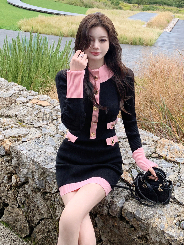 Winter French Vintage Knitted Dress Women Button Patchwork Sweater Dress Female Korean Casual Retro Dress