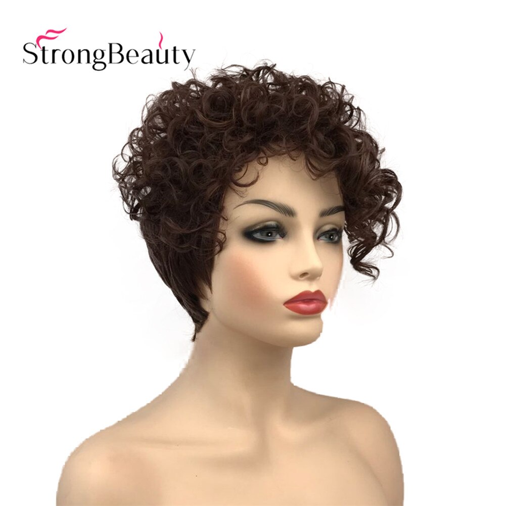 StrongBeauty Short Curly Women's Wigs Asymmetrical Side Bang Synthetic Hair Heat Resistant Wig
