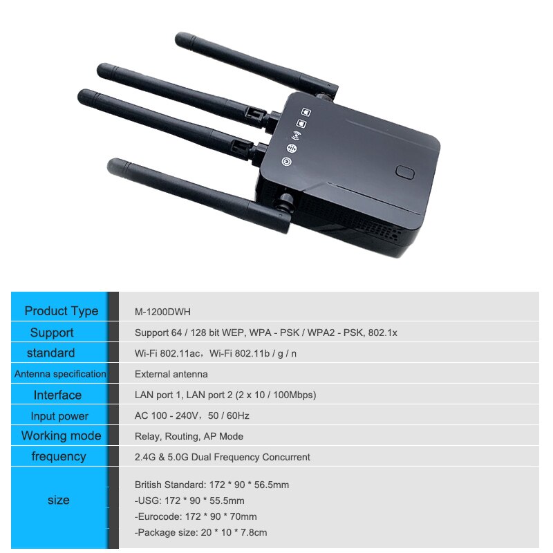 1200M Dual Band 2.4Ghz/5Ghz Wifi Repeater Signaal Versterker Router Wifi Met 4 Externe Antennes Ap booster 11Ac Engels Firmware