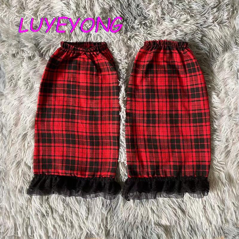 Lolita-calcetines largos Harajuku para mujer, medias de coreana Y2k, calentador de piernas para chica a cuadros, Jk, de encaje negro