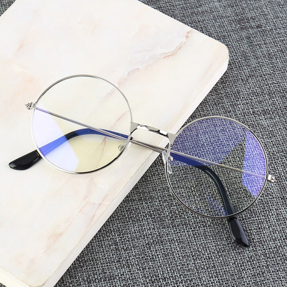 Vintage runde metalramme blåt lys blokerende personlighed klar linse briller øjenbeskyttelse anti blue ray mobiltelefon spil: Sølv