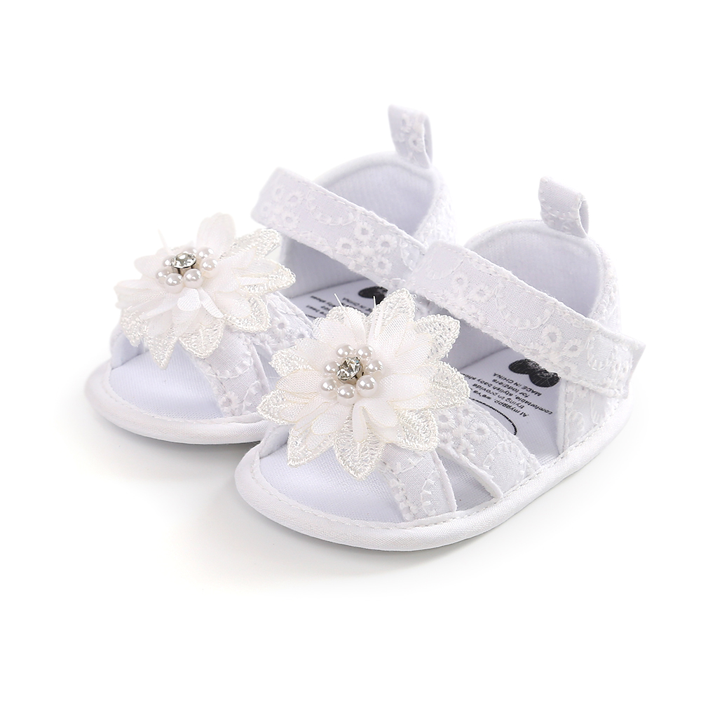 Sommer nyfødte baby pige sandaler blomster perle strand lejligheder spædbarn barn piger sko: Hvid / 13-18 måneder