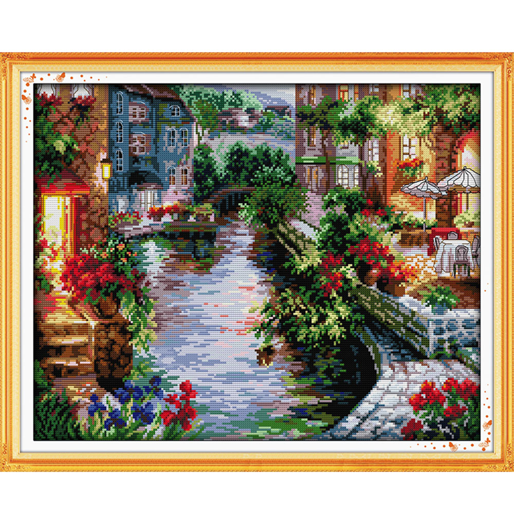 Home Decoration Needlework Counted Cross Stitch Set Embroidery Cross Kit 14CT Lakeside Houses Pattern Cross-Stitching 50 * 41cm
