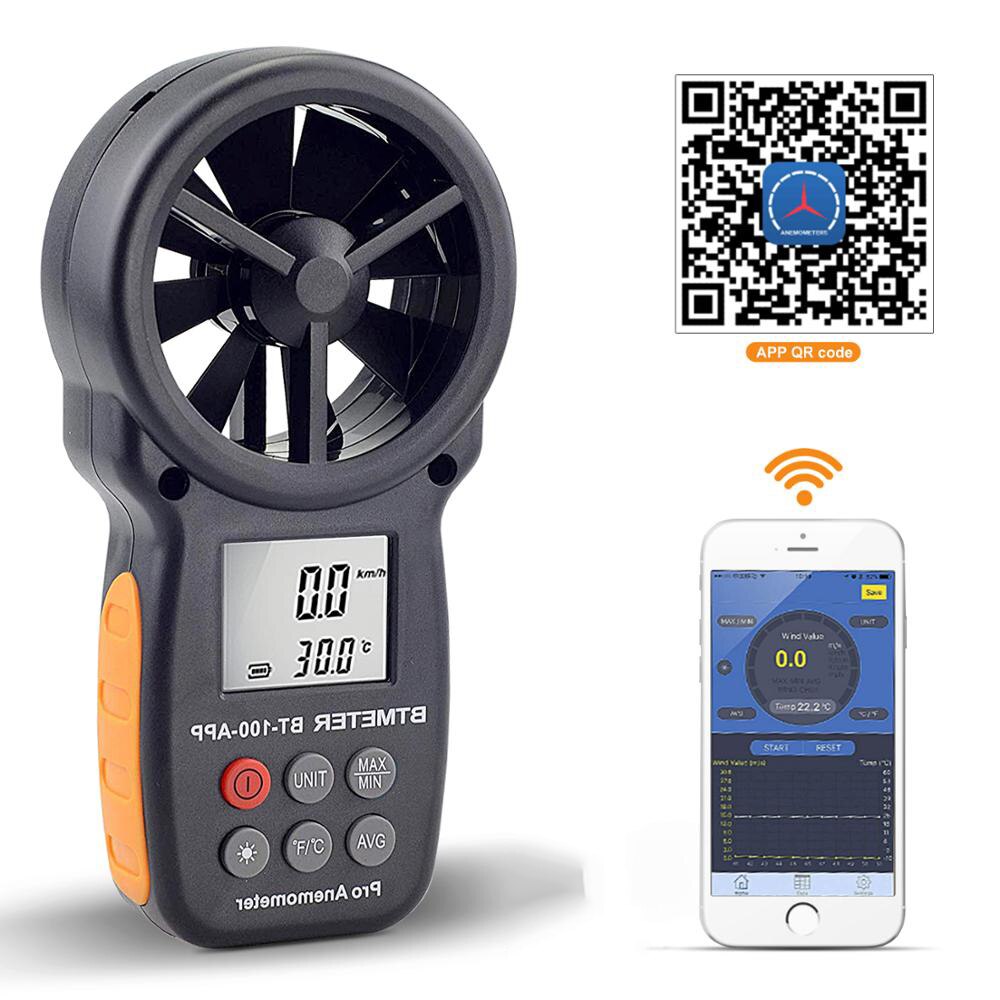 Btmeter digital vindhastighetsmätare vindmätare med mobilapp vindmätare för vindavkylning, hastighet, temperatur, luftfuktighet