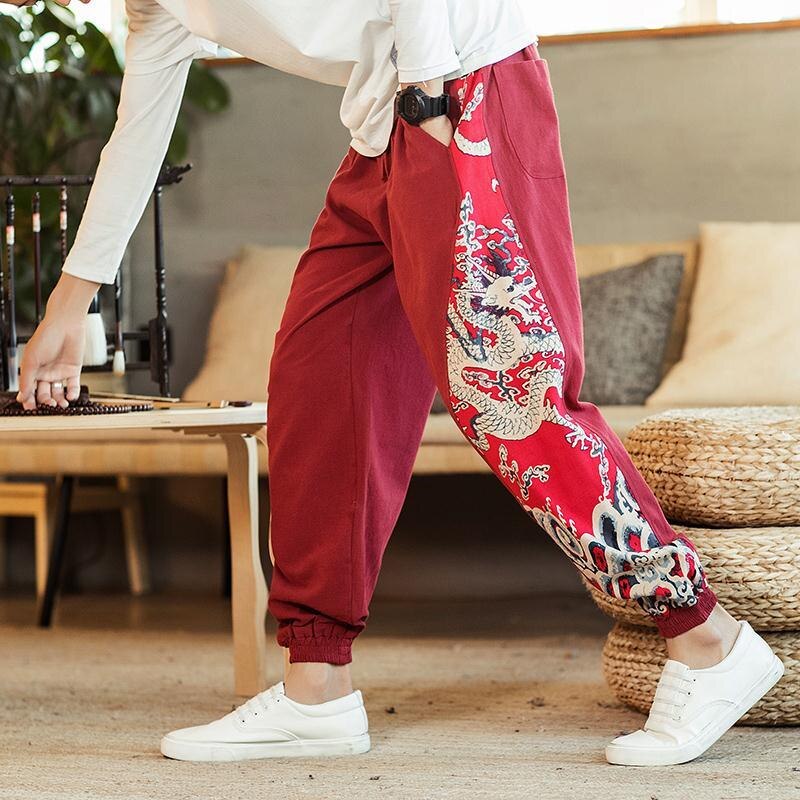 Jogger kinesisk stil print syning ni point bukser harem bukser forår mænds løse afslappede bukser personlighed tidevand