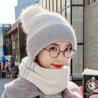Vinter tykk pluss kashmir varm lue kvinneskjerf fuskepels pomponger vinter kvinners strikke lue ull hatt ski 2 sett: Hvit