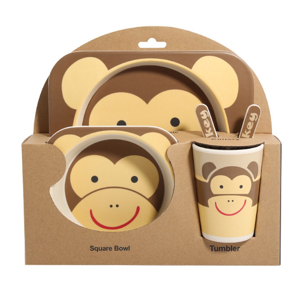 5pcs/sets Baby Dish Tableware Set Natural Bamboo Fiber Bowl With Cup Spoon Plate Fork Feeding Dishes for Kids Utensils: Black