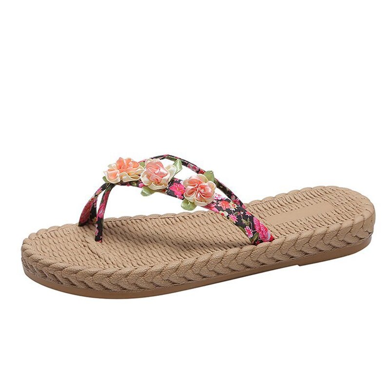 Zapatos de cáñamo para mujer, sandalias cruzadas de playa, chanclas con flores, cómodos, para verano