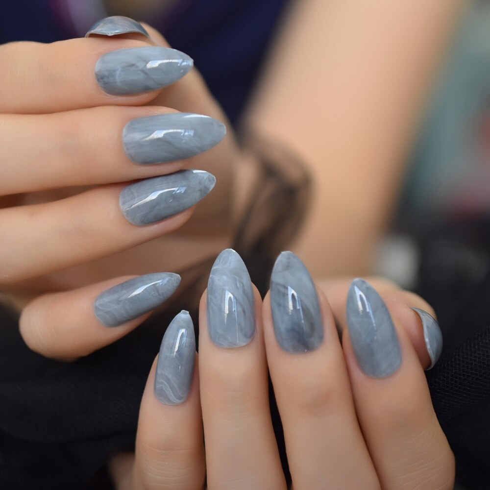 Marbling False Nails Grey Stiletto Shiny Marble Nail Art Tips Medium Size Pointed Sharp Nails 24 Count