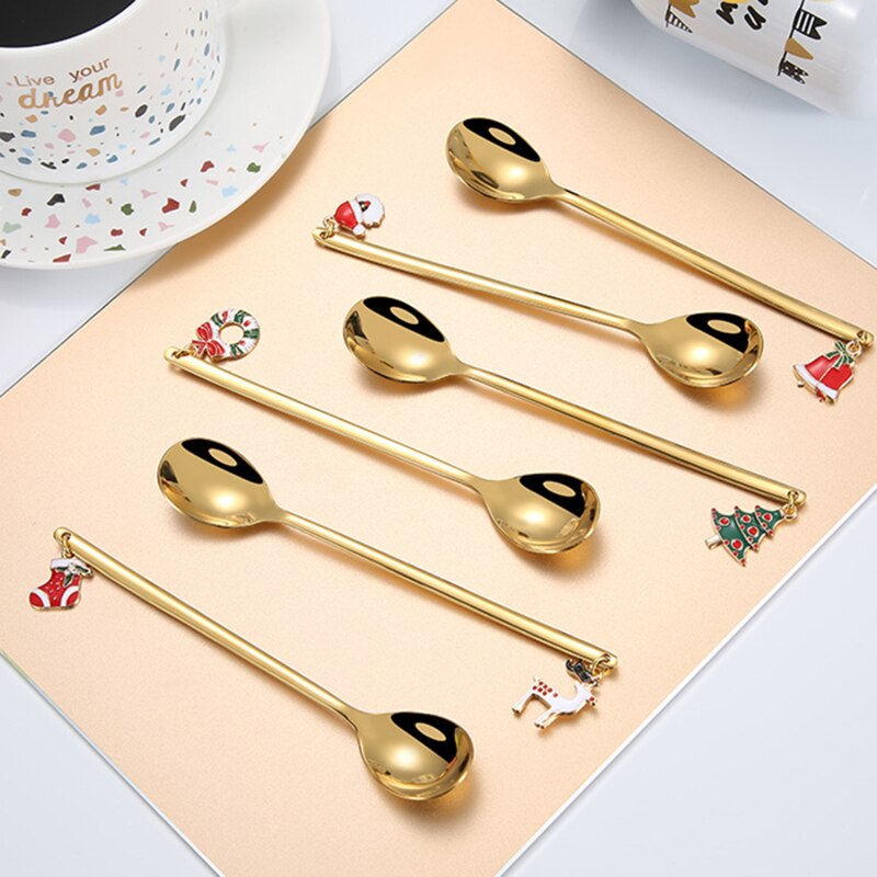Multifunctional Coffee Spoons Christmas Dessert Stainless Steel Ice Cream Sugar Coffee Scoops Kitchen Tableware Year