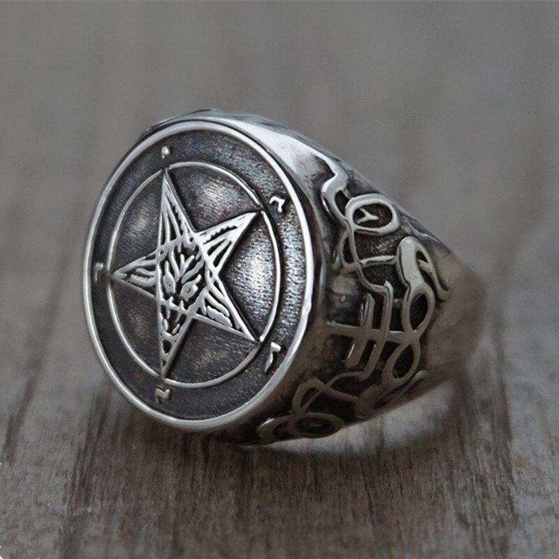 Vintage Personality Pentagram Satanism Five-Pointed Star Rings Stainless Steel Gothic Punk Minimalist Signet Ring Men Jewelry