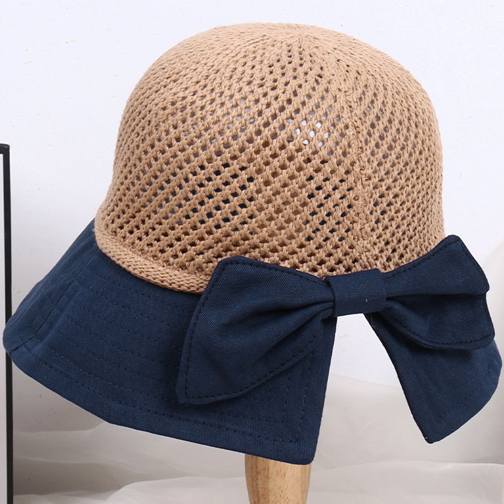 Cappello da spiaggia pieghevole portatile 2021 nuovo cappello da sole a tesa larga Bowknot visiera Casual estiva con cappuccio in paglia per cappello da donna con secchiello: blue(56cm-58cm)