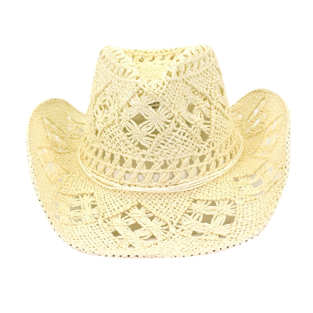 Straw Western Cowboy Hat Hand Made Beach Sunhats Party Sun For Man Woman Curling Brim Cap Sun Protection Unisex Hats: Beige