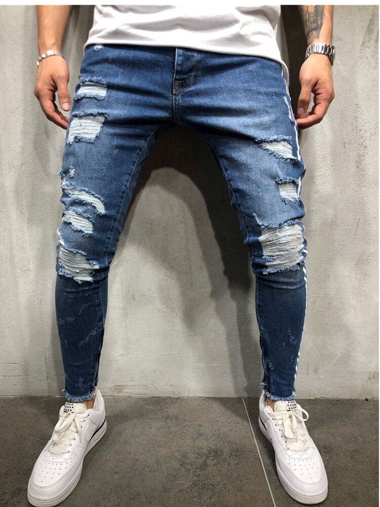Homme jean slim motard détruit effiloché coupe Denim déchiré Denim pantalon rayure latérale Jogging crayon pantalon: Dark blue / 4XL