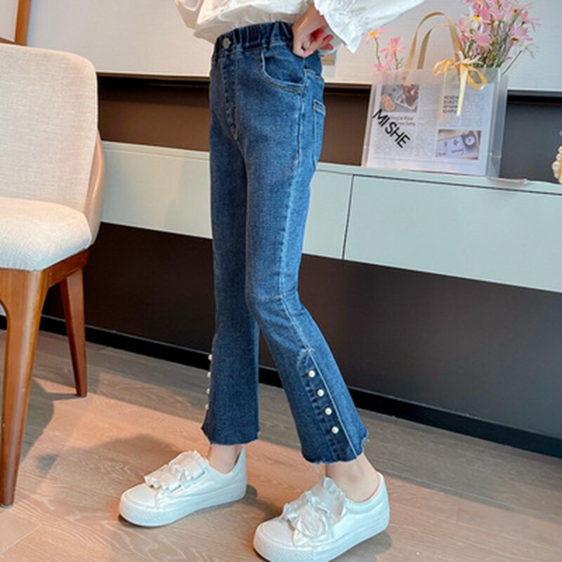 Casual Black Color Girls Jeans Cotton Pearl Bottom Flare Pants Teenage Skinny Trousers for Spring Autumn Clothes 6 8 11Years OId: A / 5
