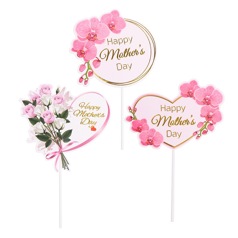 10pcs Cake Topper Pink Heart Flower Decoration Happy Mother`s Day Cake Toppers For Mother`s Day Cupcake Dessert Supplies