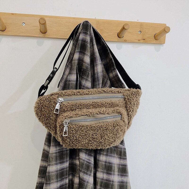 Moda Crossbody torby dla kobiet jagnięta wełna pojedyncze ramię krzyż torba na klatkę piersiowa słodkie pluszowe panie talii torba puszyste kobiece torebki: Brązowy