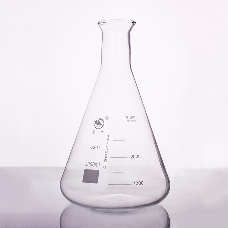 Conical flask,Wide spout with graduations,Capacity 3000ml,Erlenmeyer flask with normal neck.