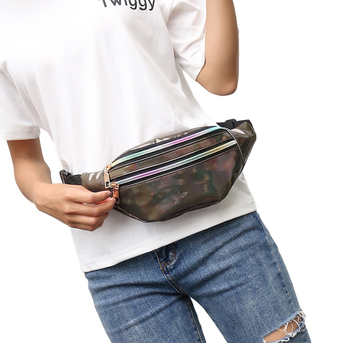 Holographic Fanny Pack Shiny Metallic Color Sport Waist Pack Belt Bum Shoulder Bags