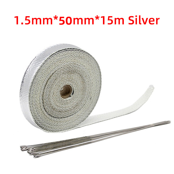 Exhaust Heat Wrap Thermal Tape Fiberglass Heat Wrap Manifold Insulation Roll Resistant with Stainless Ties 5cm*5M/10M/15M/20M: 5x15 Silver