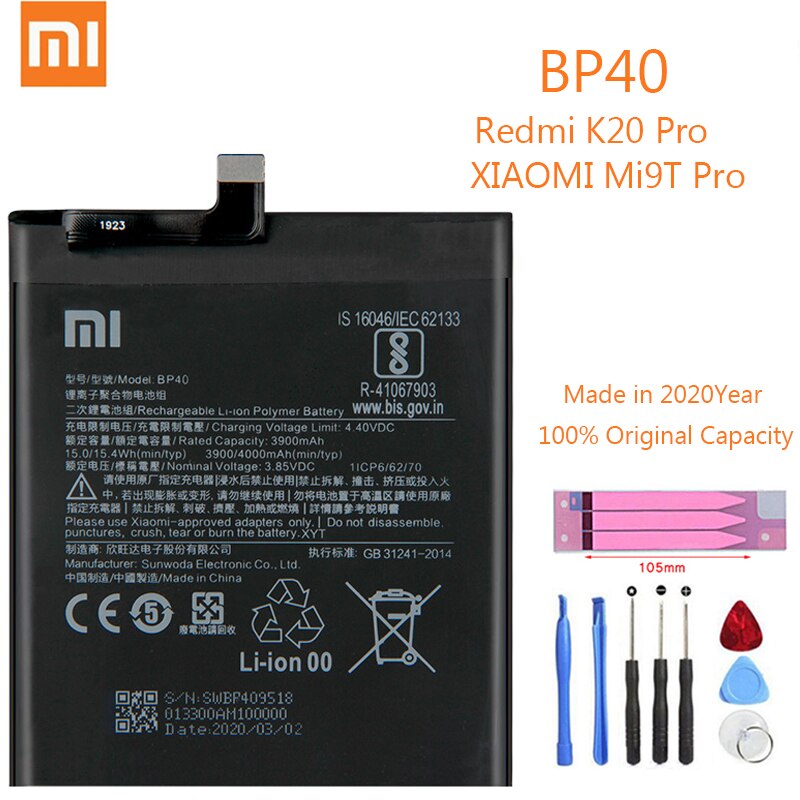 Bn3a bn4a bp40 bp41 original xiaomi redmi k20 pro/mi9t pro bateria de substituição para xiomi hongmi go k20 mi9t nota 7 baterias: BP40 Redmi K20 Pro