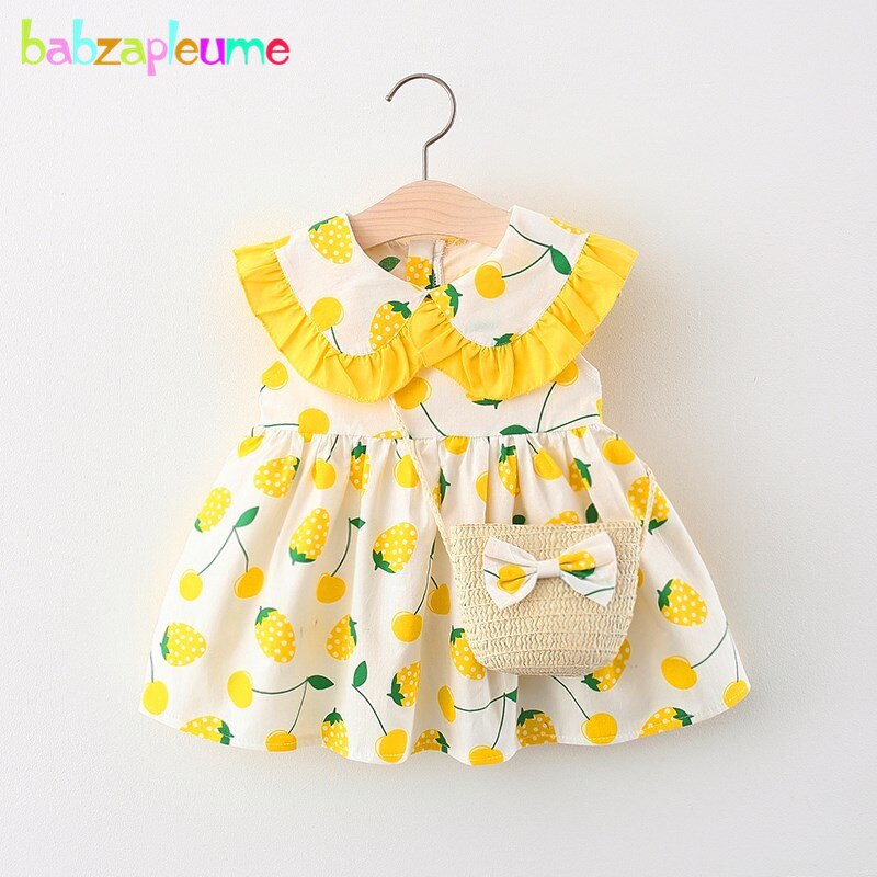 babzapleume Summer Korean Princess Dresses Infant Girl Clothes Cute Print Strawberry Sleeveless Newborn Baby Dress+Bag BC2052: C / 6(0-6M)