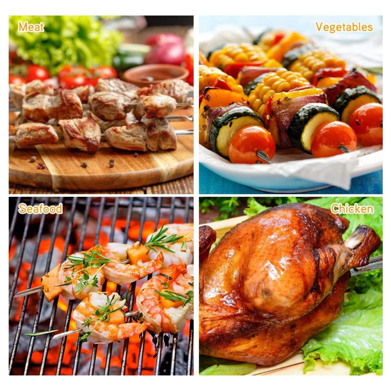Pinchos para parrilla de barbacoa, varilla para pinchos de acero inoxidable, 10 unidades