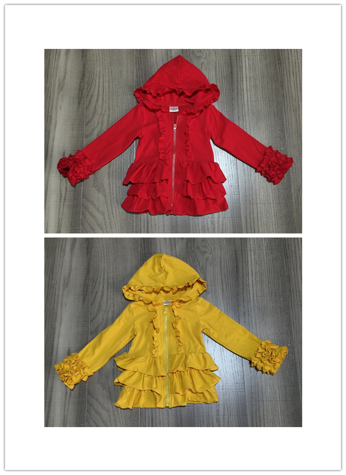 Baby pige top tøj piger efterår / vinter hættetrøje solid rød / gul frakke med flæse børn børn moderigtigt tøj