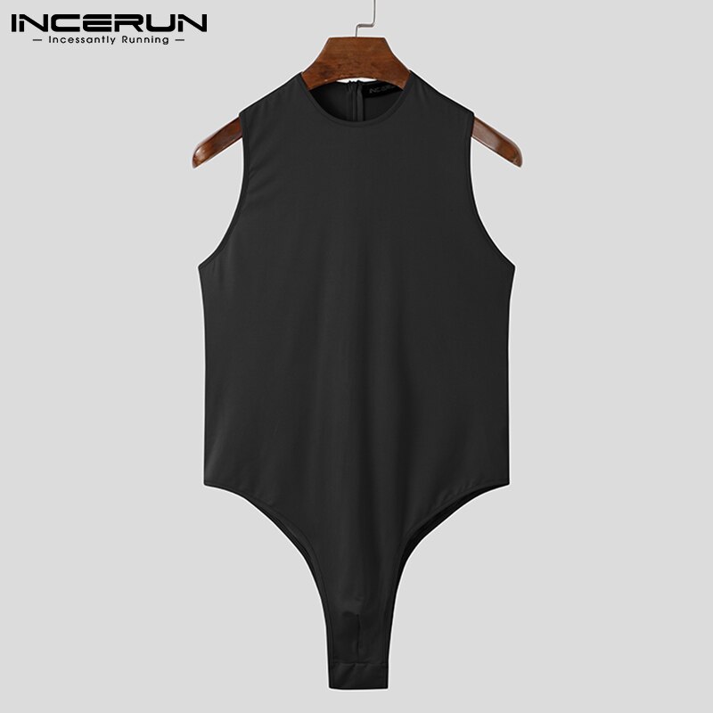 INCERUN Men Bodysuits Underwear Round Neck Sleeveless Solid Color Fitness Cozy Pajamas Rompers Sexy 2022 Mens Bodysuit S-5XL