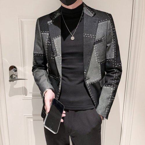 Korean Slim Men Blazers Washed Denim Casual Suit Jacket Autumn Street Wear Social Men Clothing Wedding Business Dress Coat: black / Asian size M