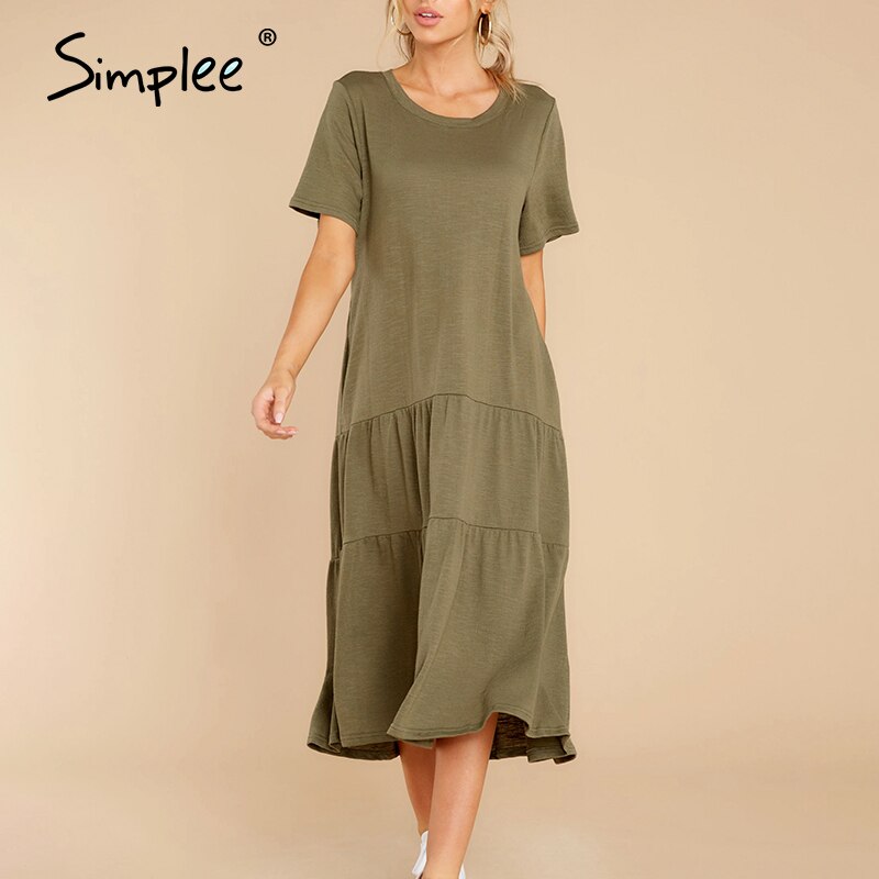 Simplee Aline ethnic soild color loose women dress Summer causel cozy dress for ladies chic female dress